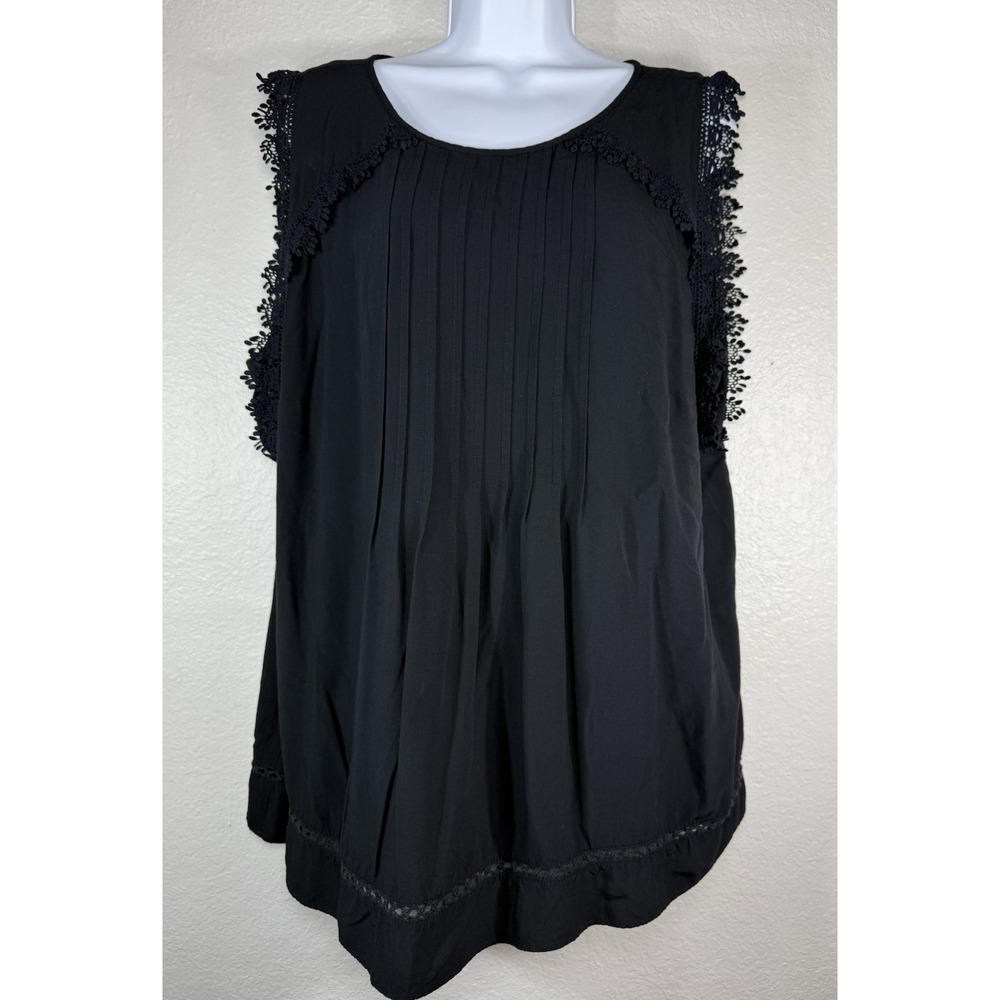 LOFT Plus 18 Blouse Black Viscose Sleeveless Pleated Pintuck Lace Trim Boho Top